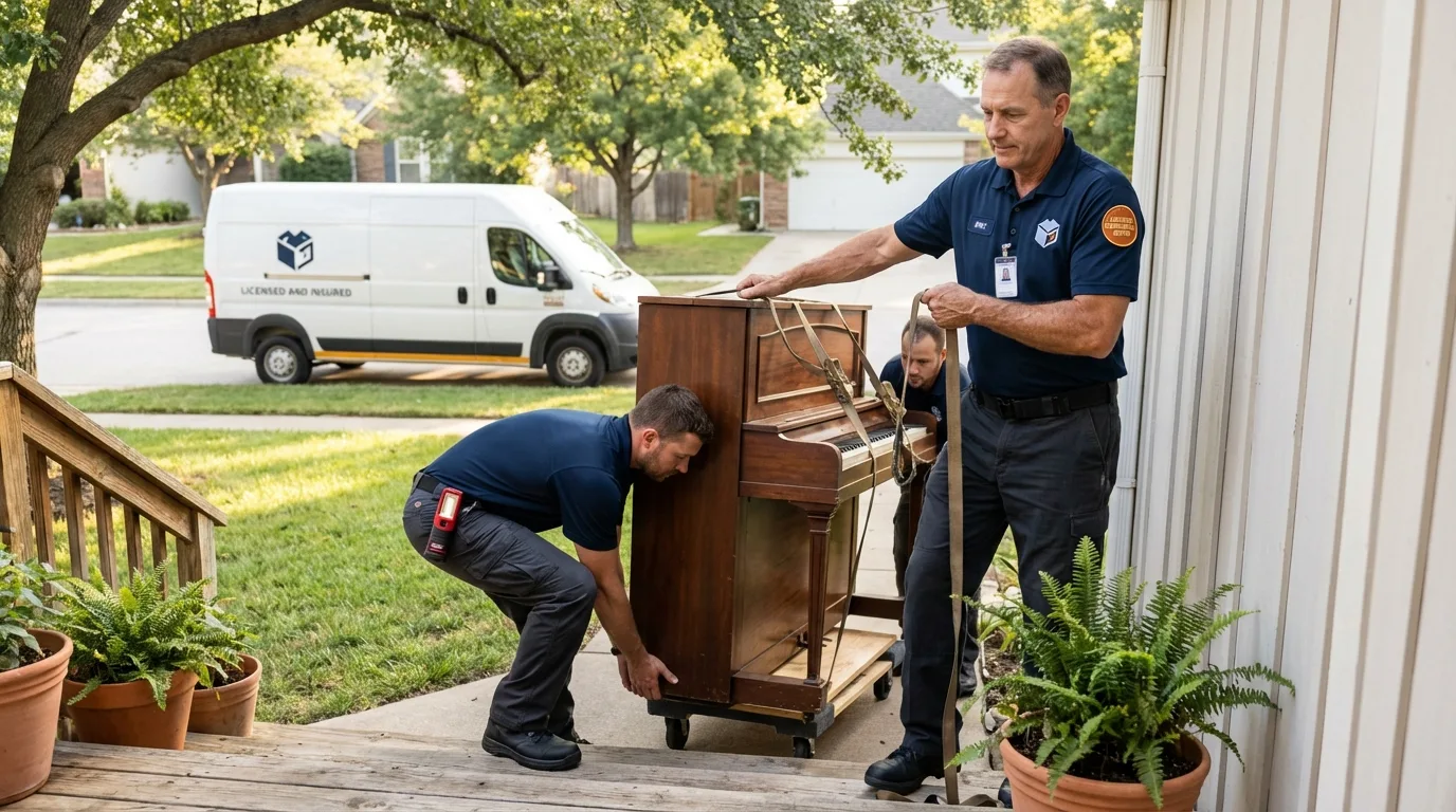 Licensed piano movers securing grand piano in Westminster, CO