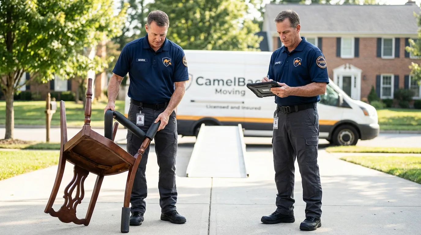 Movers inspecting furniture for damage prevention before loading in Westminster, CO